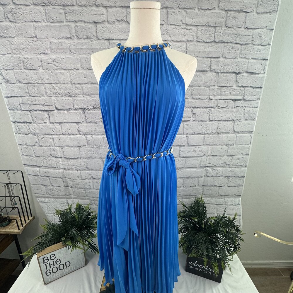 Royal Blue Pleated Halter Romper M Chain Belt Tie Back Cocktail